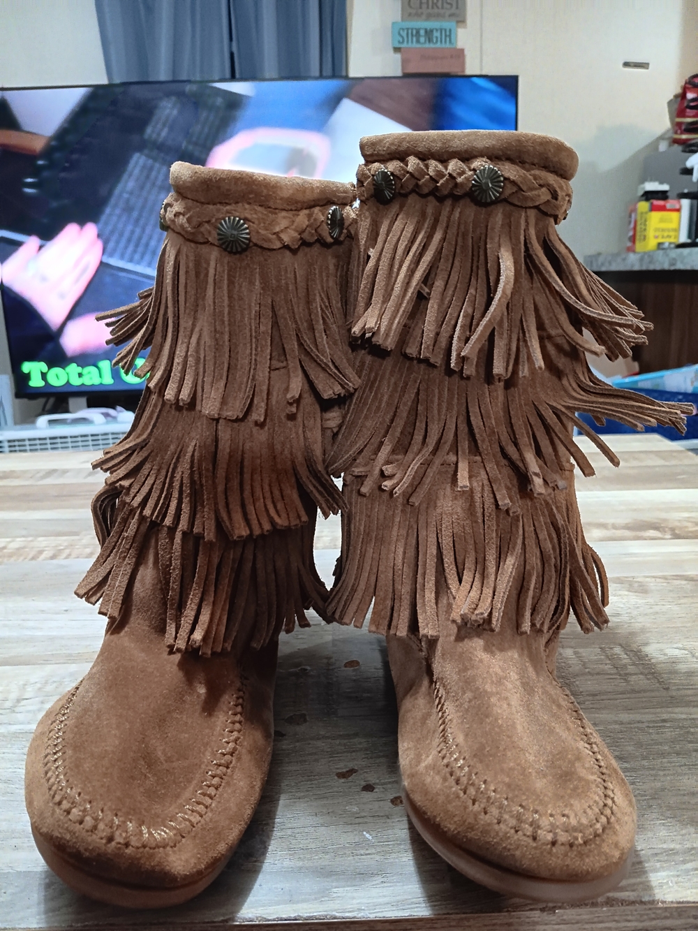 Minnetonka Tan Suede Triple Fringe Moccasin Boots with Braided Detail